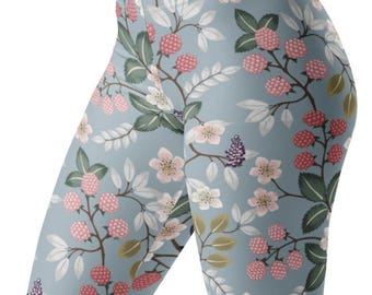 Leggings Fabienne ~ Estampa floral feminina em azul celeste e tons pastel | Cores suaves de verão | Cintura média sem bolsos | Calça legging casual e sofisticada