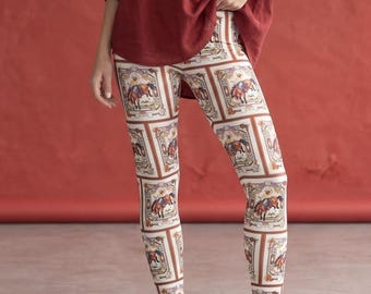Bucking Beauty Leggings ~ Women's Red Cream Colorful Western Equestrian Style | Horse Lovers Legwear | Unique Mid-Waist Stylish SW Tights