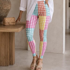 Colorful Patchwork Gingham Leggings ~ Gingham Blocks | Women's Pink Aqua Yellow Checkered Print Whimsical Preppy Statement Legwear