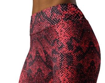 Leggings de piel de serpiente escarlata ~ Pantalones elásticos con estampado animal de cintura alta en rojo y negro para mujer / Medias modernas y contemporáneas para ella