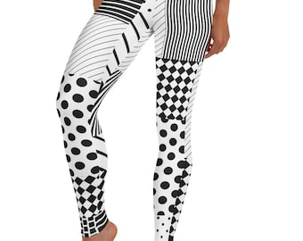High Drama Leggings, Black White ~ Women’s Casual Cozy Wear Cute Artsy Abstract MisMatch Mod Boho Contempo Lagenlook Stretchy Tight Pants