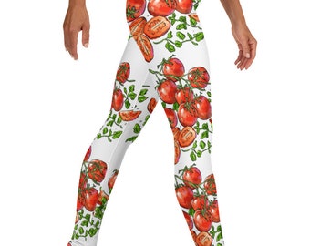 Tuscan Tomato Retro Style Leggings ~ Women&#39;s Cute Chef Foodie Heirloom Italian Pomodoro Fruit Veggie Graphic Printed Stretchy Tights Pants
