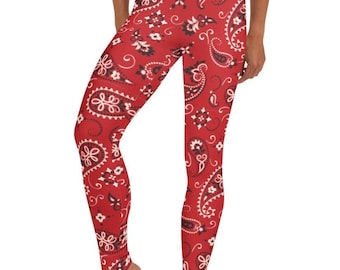 Best Seller! Red Heist Leggings ~ Women&#39;s Cowgirl Red Bandana | Classic Cozy Paisley Kerchief Printed Stretchy Graphic Casual Tights Pants