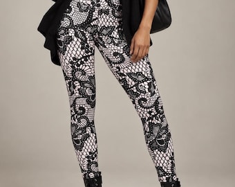 Black Blush Leggings, Lace Noir | Women’s High-Waist Floral Lace Print | Romantic Gothic Edgy Stretch Statement Tights