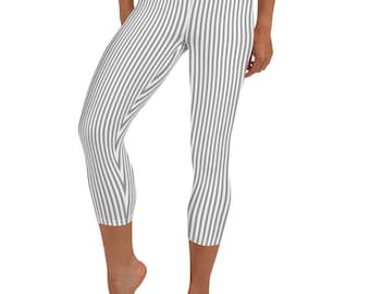 Classic Gray and White Striped CAPRI Leggings ~ Women's Casual Wear Cute Cropped Calf-Length Stretch Tight Pants | Contempo Mod Boho Look