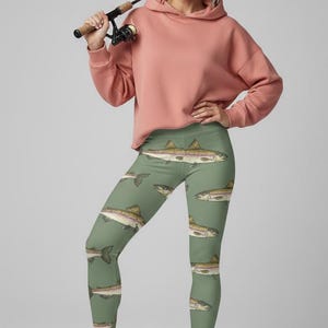 She Loves Fishing Leggings ~ Women's Sage Green Trout Outdoorsy Nature Marine Lover Fly-fish Rod Reel Fisherwoman Soft Stretchy Tights Pants