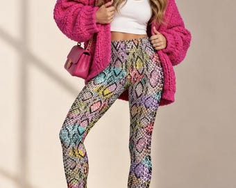 Multicolor Snakeskin Leggings, Kaleidosnake | Women’s Colorful Python Print | Bold Maximalist Boho Stretch Statement Pants