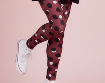 Dru's Polka Dot Leggings ~ Women's Burgundy Black Lavender Abstract Specked 4-Way Stretchy Tights Pants | Buttery Soft Mod Boho Athleisure