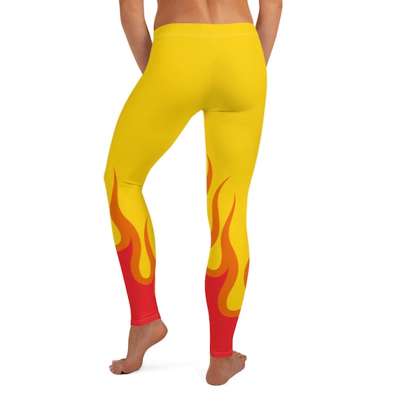 Hot Girl Flame Leggings, Yellow & Red Women's Teen Fire Print