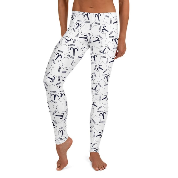 Aries Astrology Leggings - Women's White Blue Zodiac Stars Astrology Print Tights | Ankle Length Stretchy Pants | Gift for Her