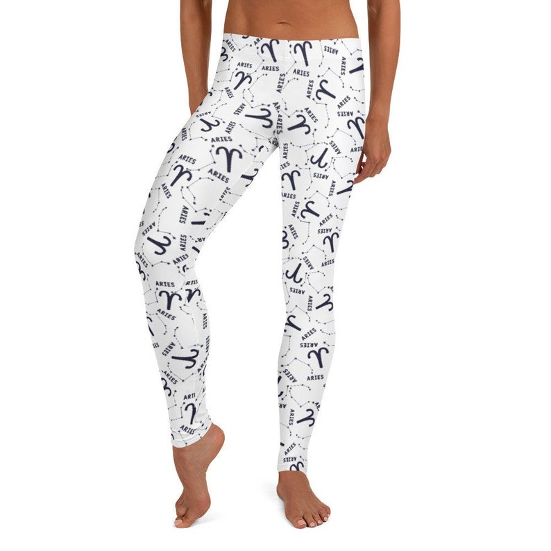 Aries Astrology Leggings, White Blue ~ Women's Teen Zodiac Stars Astrology Printed Tights / Ankle Length Stretchy Pants / Cute Gift for Her