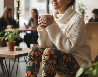 Groovy + Retro Leggings ~ Women's Green Orange Colorful Bold Florals Retro Woodstock Hippie 4-Way Stretchy Statement Tights Pants