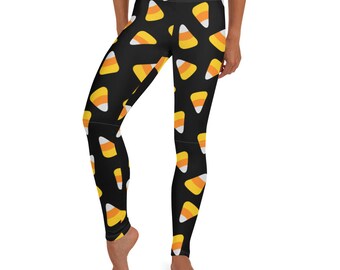 Candy Corn Leggings ~ Women&#39;s Black Yellow Orange Sugar Sweet Treats Printed Stretchy Tights Pants | Halloween Costume Party Legwear for Her