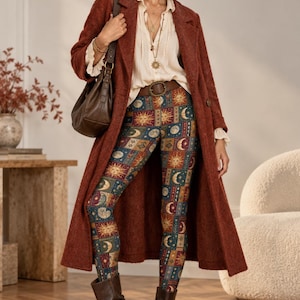 Navy Burgundy Burnt Orange Leggings, Written in the Stars ~ Women’s Celestial Sun Moon Patchwork | Boho Tapestry Statement Legwear