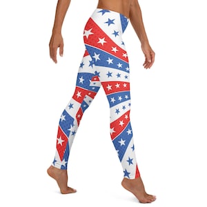 Love American Style Leggings ~ Women&#39;s Cozy Wear Cute Star Print Stretchy Tight Pants | USA July 4th Political Rally Patriot Proud Citizen