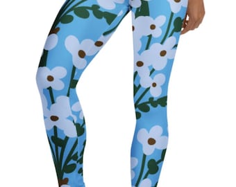 Leggings Blóm ~ Calças justas femininas azuis, lindas, casuais, com estampa floral e elástica | Mod Boho Nature Athleisure