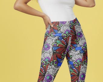 Ava's Aura Leggings ~ Women's Red Blue Black Green Colorful Jewel Tone Abstract Boho Artsy Floral Paisley Motifs | Stretchy Statement Tights
