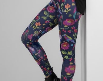 She's Best Dressed Leggings ~ Women's Navy Jewel Tone Colors Mid-Waist Birds Florals Wildlife Nature Stretch Pants | Ethical 4-Way Tights