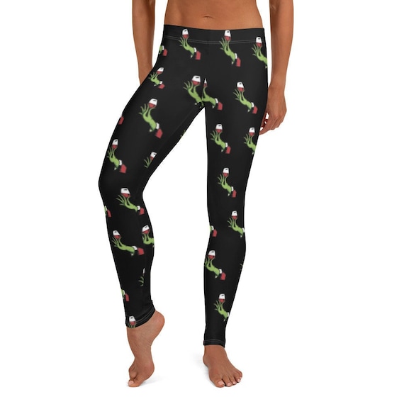 Christmas Grinch Loves Wine Leggings, Red Women's Teen Funny Xmas