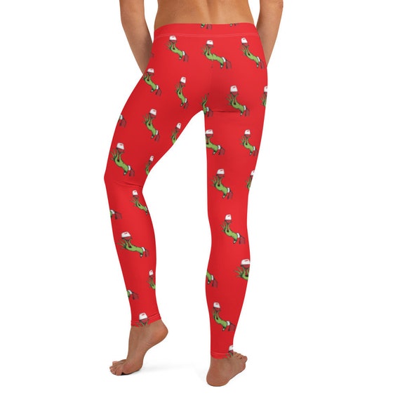 Christmas Grinch Loves Wine Leggings, Red Women's Teen Funny Xmas