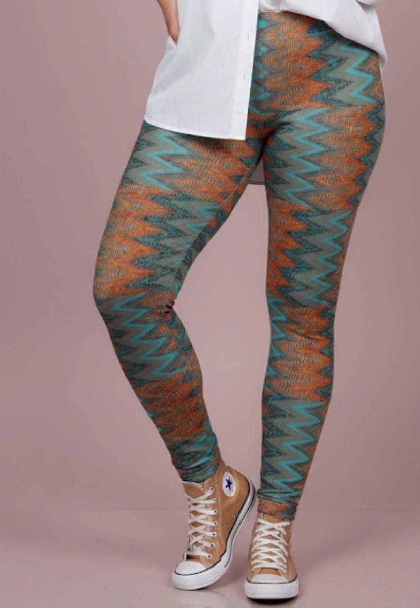 Southwest Chevron Leggings ~ Women's Earthy Teal Rust Orange