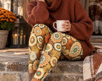Burnt Orange Brown & Turquoise Floral Leggings ~ Mod + Marigold