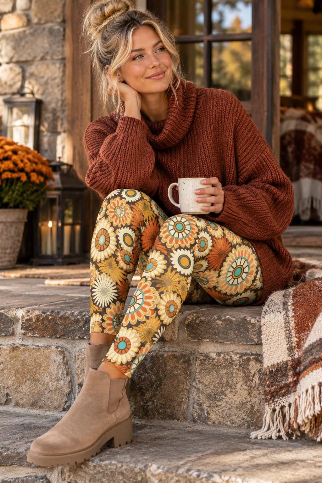 Bibiy. B. MARIGOLD PANTS 花柄刺繍 M Burnt Orange Brown & Turquoise Floral Leggings ~ Mod + Marigold