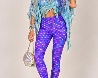 Purple Blue Mermaid Scale Leggings ~ Mermaid’s Kiss | Women’s Iridescent Ocean Fish Scale Print, Mermaidcore Fantasy Costume Tights