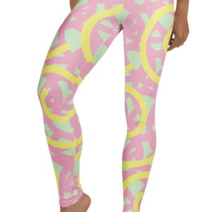 Oh Happy Day Leggings ~ Women&#39;s Cute Colorful Pastel Pale Yellow Pink Mint Green Abstract Swirls Graphics Printed Stretchy Tights Pants Her