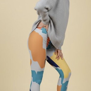 A-List Leggings ~ Women's Colorful Teal Orange Navy Gray Yellow Abstract Stretchy Tights Pants | Cute 4-Way Butter Soft Mod Boho Athleisure image 3