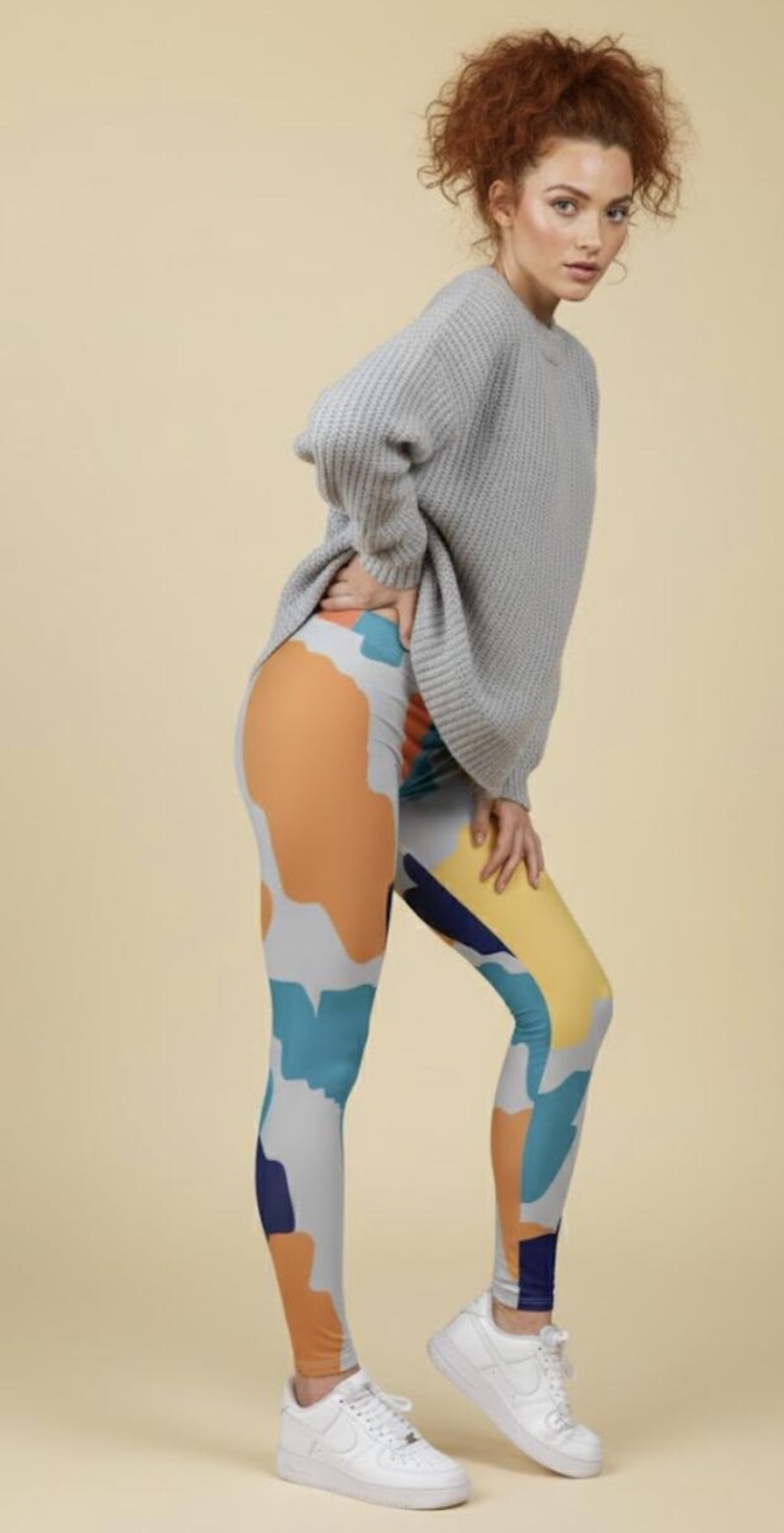 A-List Leggings ~ Women's Colorful Teal Orange Navy Gray Yellow Abstract Stretchy Tights Pants | Cute 4-Way Butter Soft Mod Boho Athleisure image 3