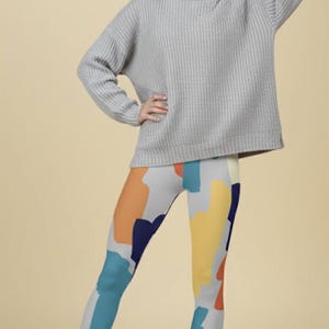 A-List Leggings ~ Women's Colorful Teal Orange Navy Gray Yellow Abstract Stretchy Tights Pants | Cute 4-Way Butter Soft Mod Boho Athleisure image 2