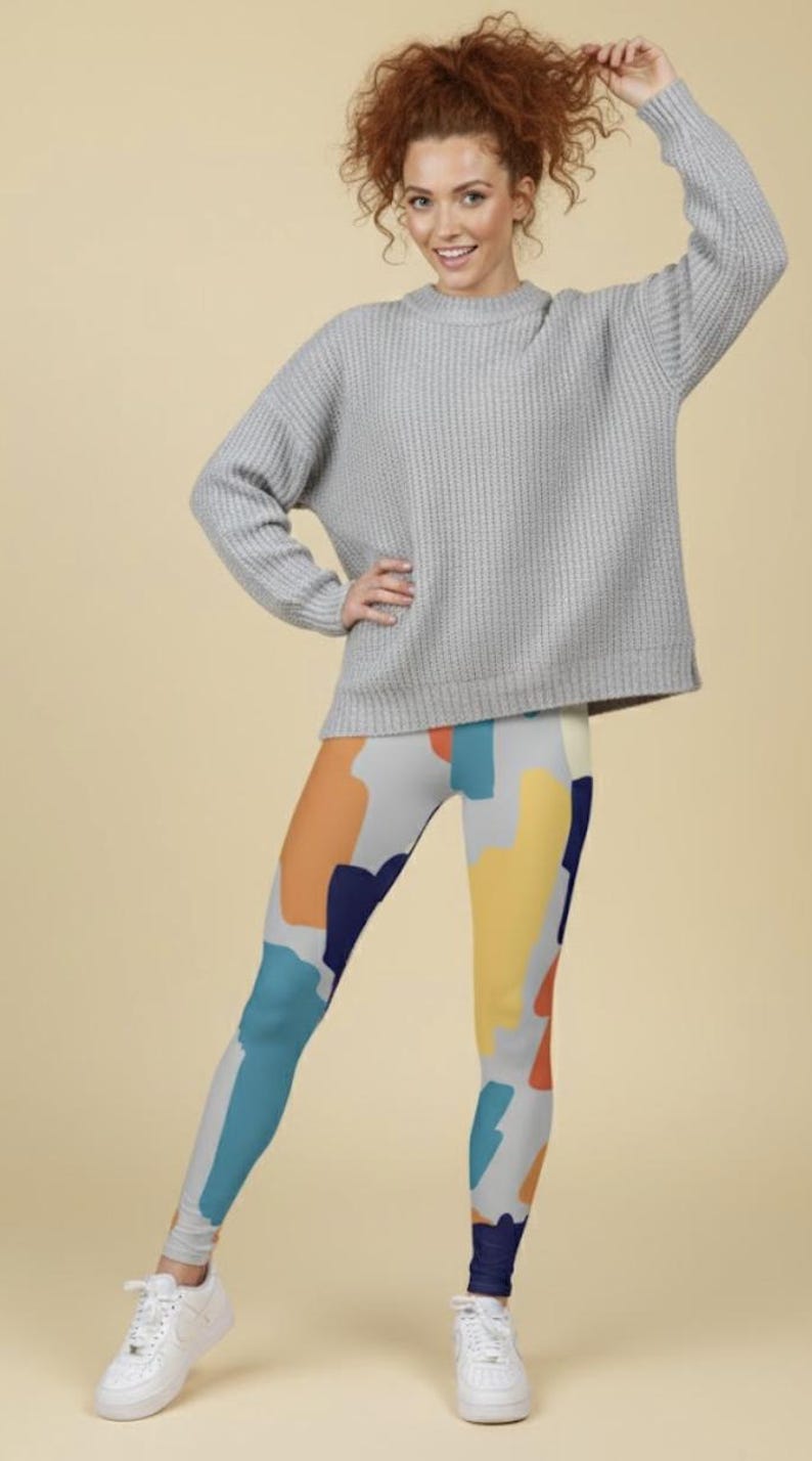 A-List Leggings ~ Women's Colorful Teal Orange Navy Gray Yellow Abstract Stretchy Tights Pants | Cute 4-Way Butter Soft Mod Boho Athleisure image 2