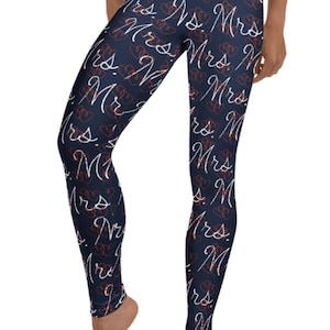 Mrs. Leggings ~ Women&#39;s Navy Red White Hearts Engagement Bachelor Party Gag Funny LOL Gift | New Bride Married Wife Stretchy Tights Pants