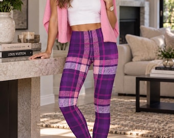 Amethyst Purple Magenta Pink Leggings, Violet Vendetta | Women’s Plaid Tartan Check Print | Bold Preppy Stretch Statement Tights