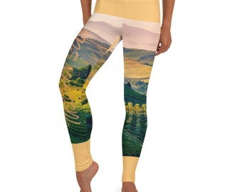 Tuscan Sun Leggings ~ Women&#39;s Colorful Abstract Italian Scenery Graphic Printed Stretchy Tights Pants | Nature Lover Athleisure Legwear Her