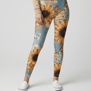 Goldpetal Leggings ~ Women's Cornflower Blue Yellow Gold Sunflowers Mini Florals | Soft 4-Way Artsy Flower Lovers Statement Tights Pants image 2