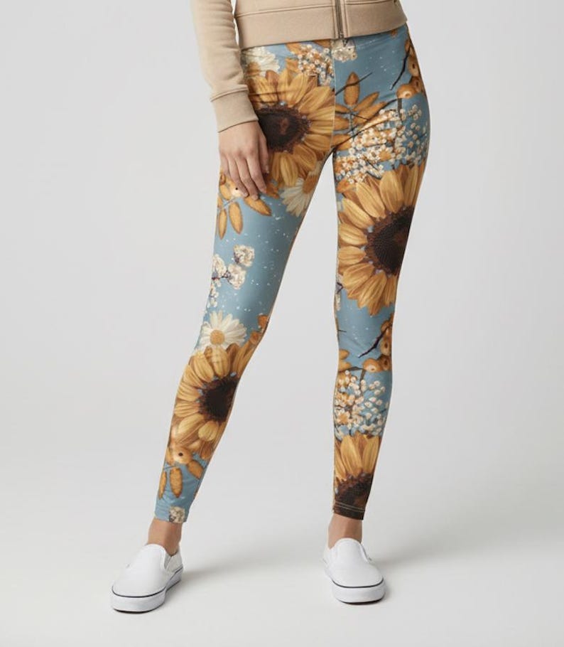 Goldpetal Leggings ~ Women's Cornflower Blue Yellow Gold Sunflowers Mini Florals | Soft 4-Way Artsy Flower Lovers Statement Tights Pants image 2