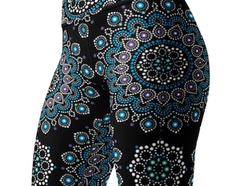 Sadie Leggings ~Women&#39;s Blue Black HIGH Waist Abstract Dot Mandala Printed Stretchy Tights Pants | Cute Mod Boho Athleisure Legwear for Her