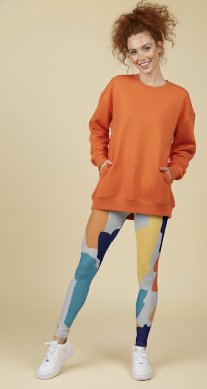 A-List Leggings ~ Women's Colorful Teal Orange Navy Gray Yellow Abstract Stretchy Tights Pants | Cute 4-Way Butter Soft Mod Boho Athleisure image 1