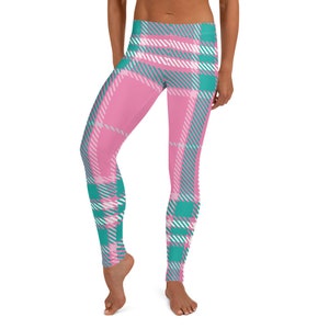 She's Haute Plaid Leggings, Pink/Turquoise ~~~ Women's Teen Pastel Tartan Checked Printed Abstract Stretchy Tight Pants / Cute Mod Boho Look