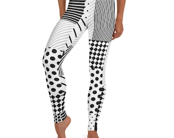 High Drama Leggings, Black White ~ Women’s Casual Cozy Wear Cute Artsy Abstract Mix Match Mod Boho Contempo Lagenlook Stretchy Tight Pants