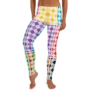 Weezy Breezy Leggings, Rainbow ~ Women&#39;s Whimsical Cozy Wear Cute Colorful Halloween Harlequin Jester Argyle Costume Stretchy Tight Pants