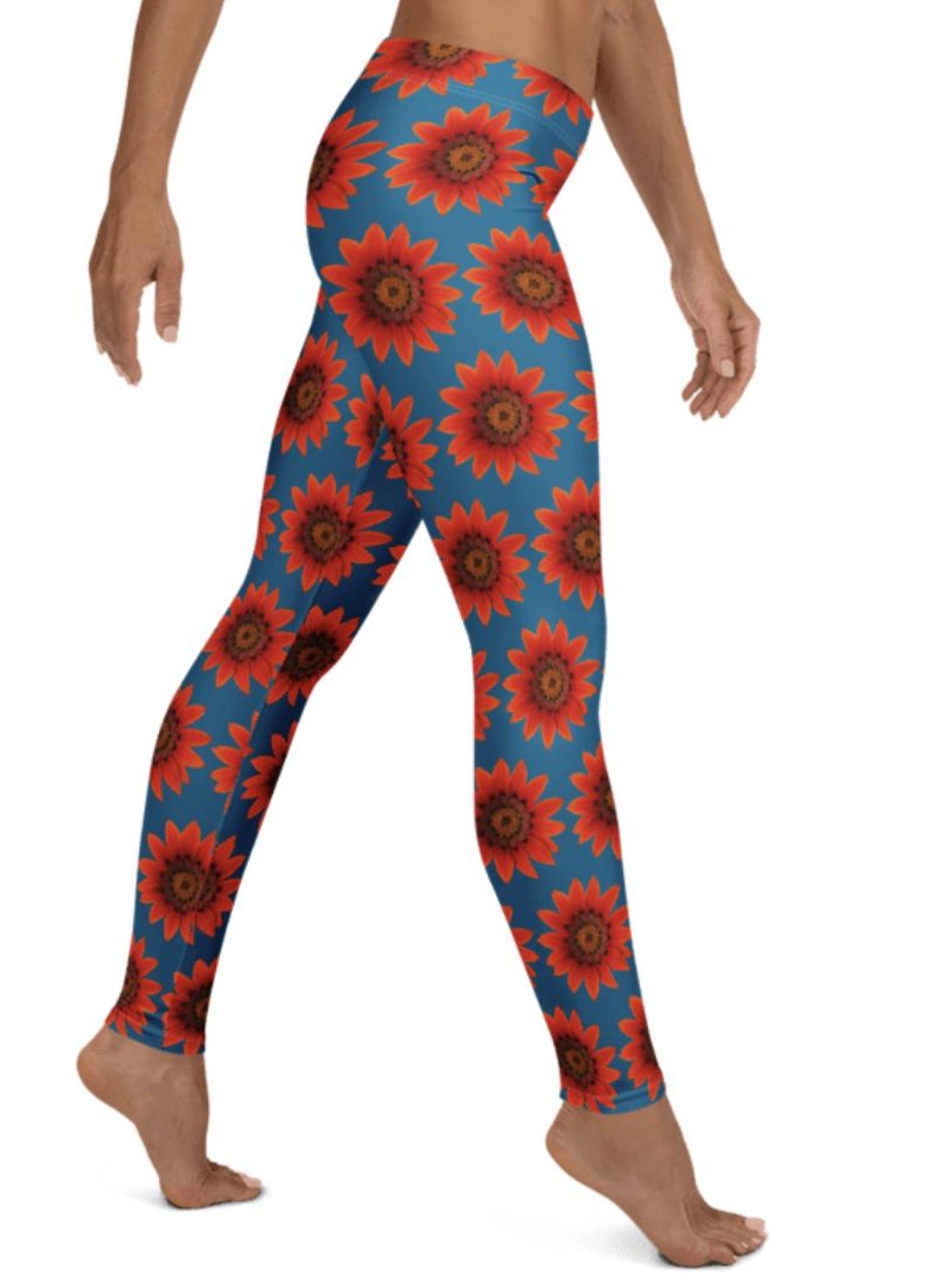 White Daisy Red Flower Print Sports Leggings Women's Yoga Pants