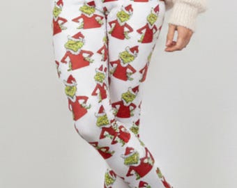 Leggings navideños del Grinch ~ Leggings blancos, rojos y verdes para mujer, ideales para la Nochebuena. Diseño festivo y cómodo inspirado en el Dr. S3uss. Tejido elástico suave en 4 direcciones.