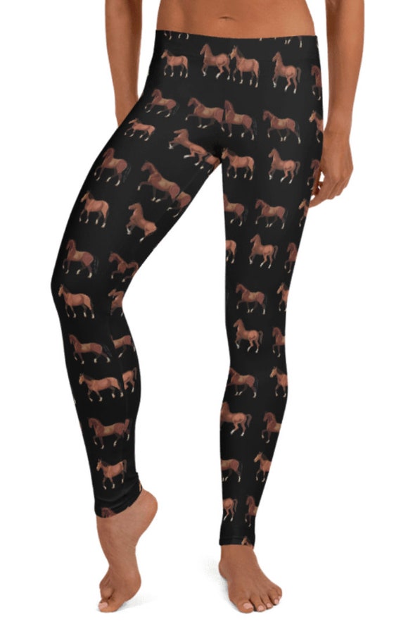 Best Seller! Black Equestrian Horse Lover Leggings ~ Women's Animal Print Cozy Wear Casual Cute Stretchy Tight Pants | Fun Gift for Her