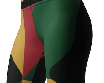 Leggings ONE Love, rojo, negro y verde ~ Ropa cómoda para mujer, lindos colores caribeños, reggae, jamaicanos y africanos / Mallas deportivas elásticas de cintura alta