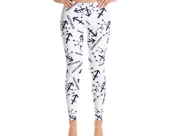 Sagittarius Astrology & Zodiac Leggings, White and Blue ~~~ Stars Astronomy Printed Leggings / Ankle Length Stretch Pants / Gift for her