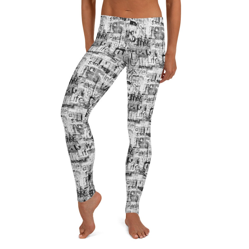 Newspaper Print Leggings Black White 