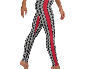 Upbeat Chic Leggings ~ Women&#39;s Red Black Gray Casual Abstract Printed Graphics Stretchy Tights Pants | Cute Mod Boho Athleisure Legwear Her